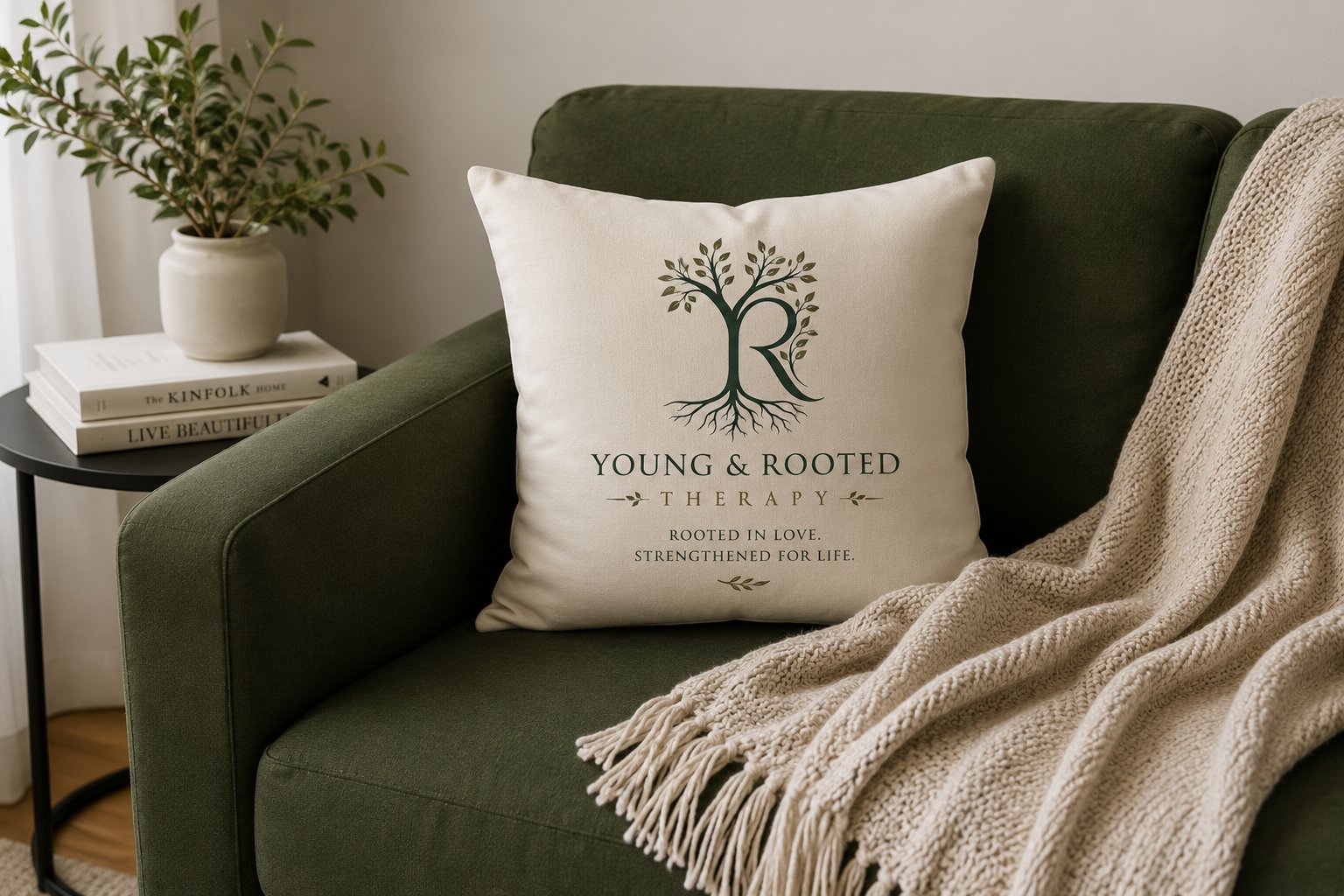 Cozy therapy space with a Young & Rooted Therapy pillow